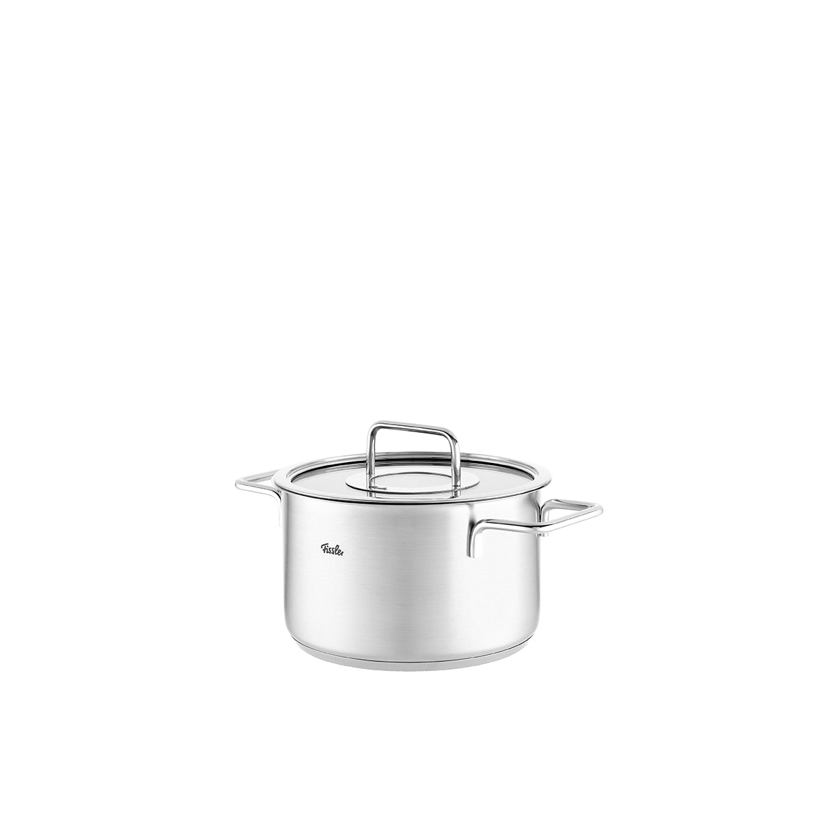 The Fissler Pure Collection® 4-piece Cookware Set in stainless steel with glass lids, precision-made in Germany, on a white background.