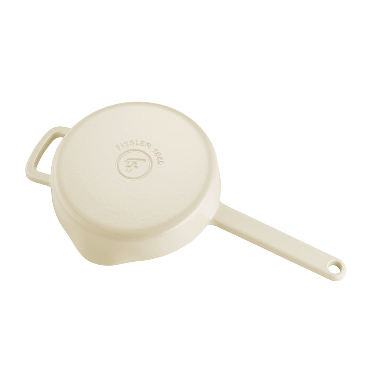 Cremefarbene Fissler Moments Gusseisen Pfanne auf dem Kopf stehend; Griff und Logo abgebildet. Langlebiges, energiesparendes deutsches Kochgeschirr.