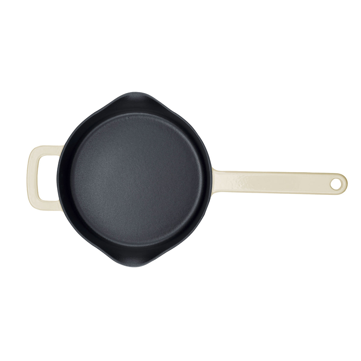 Fissler Moments Collection Gusseisen Pfanne in schwarz mit Antihaftbeschichtung, cremefarbene Griffe, Draufsicht auf weiß. Hergestellt in Deutschland.