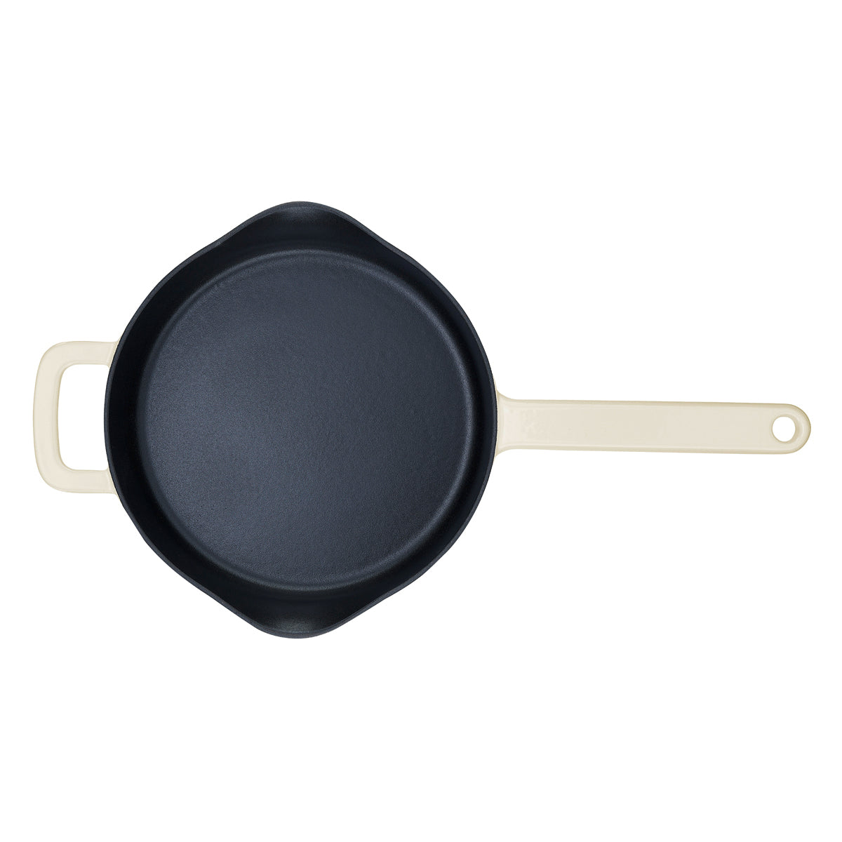 Fissler Moments Gusseisen Pfanne in schwarz mit cremefarbenen Griffen, Draufsicht auf weiß-zeitloses Design für effizientes, natürliches Antihaft-Kochen.