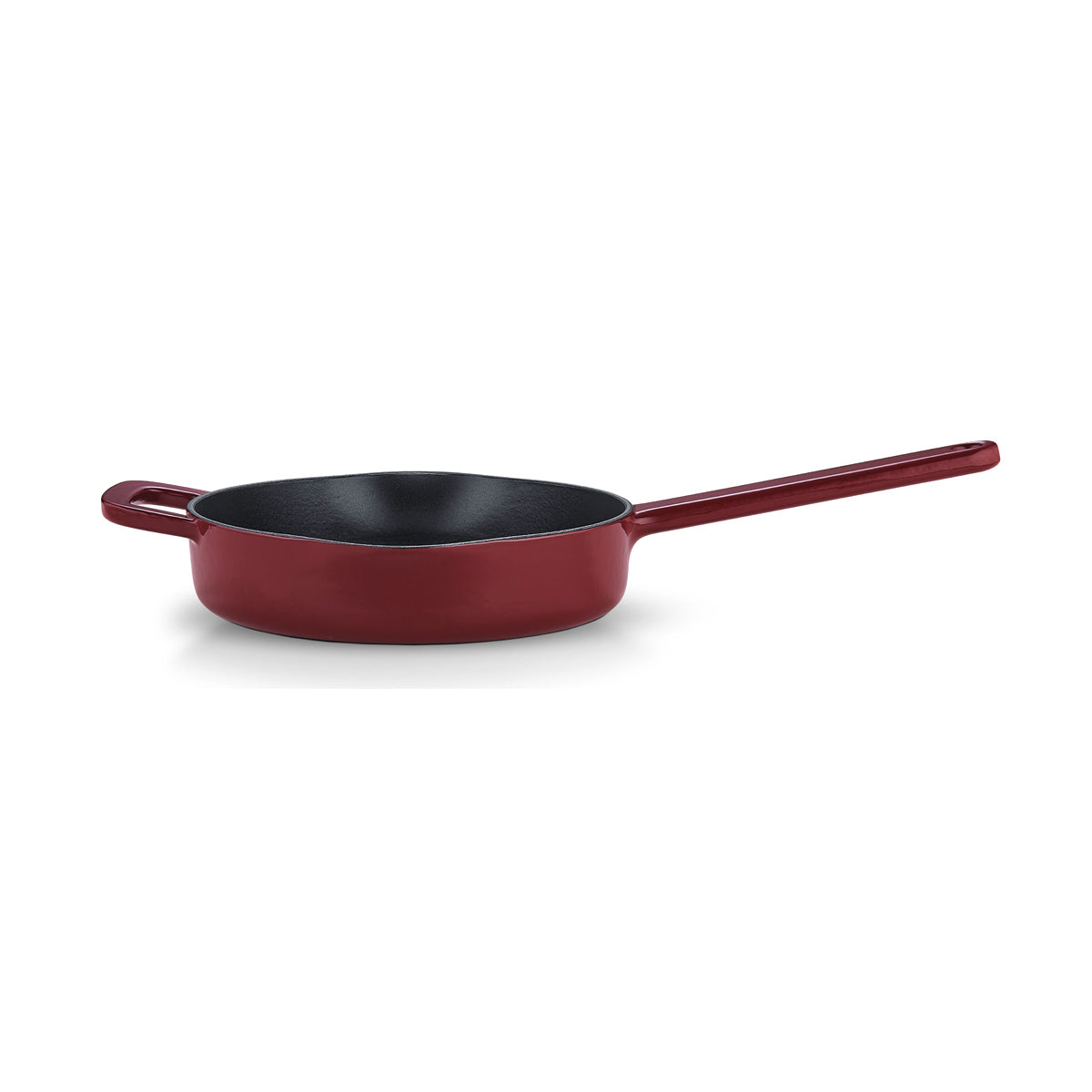 Rote Fissler Moments Gusseisen Pfanne mit langem und helfendem Griff, modernes deutsches Design, natürliche Antihaftbeschichtung für energiesparendes Kochen.