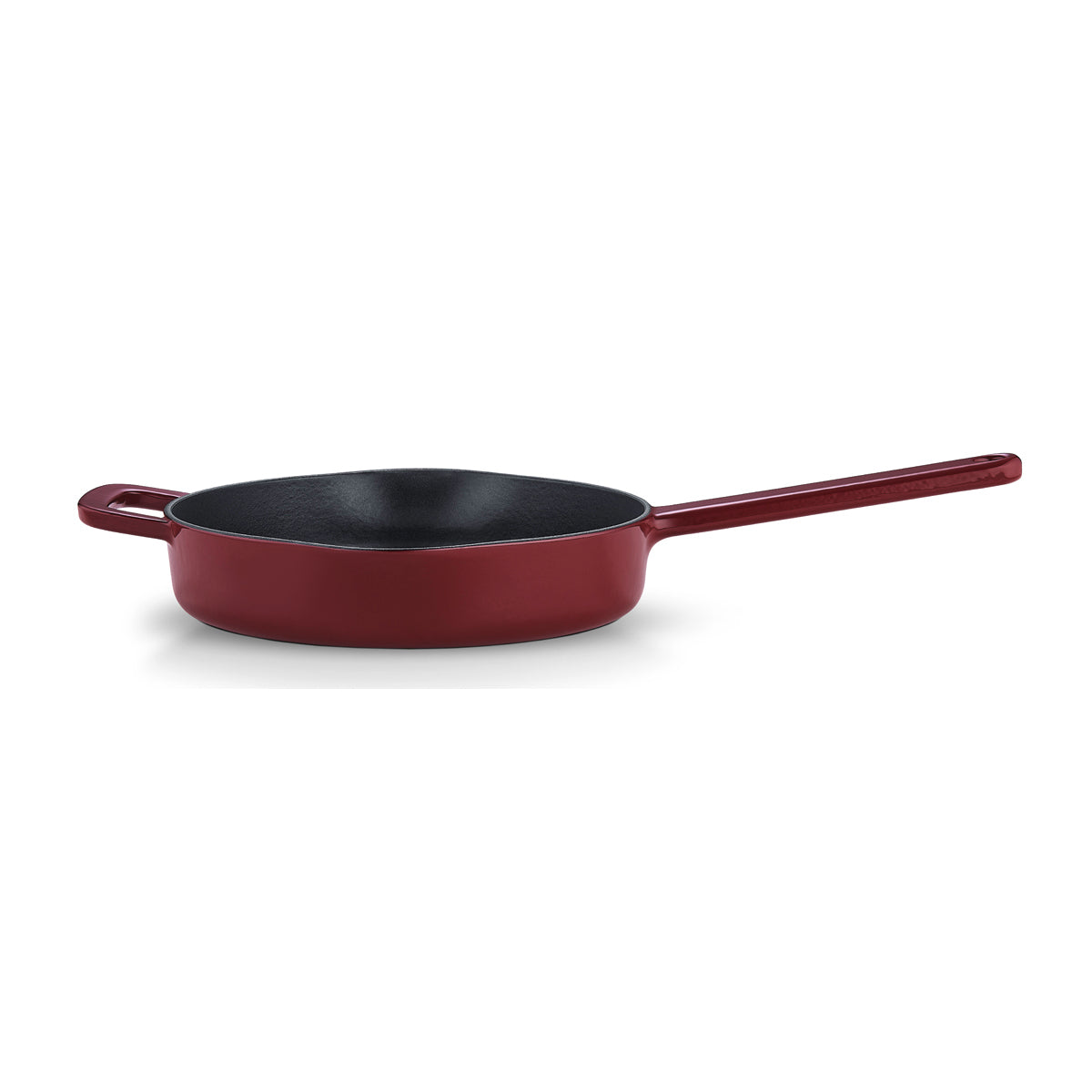 Fissler Moments Gusseisen-Pfanne in Rot mit zwei Griffen, nachhaltige Antihaft-Eigenschaften, vor weißem Hintergrund.
