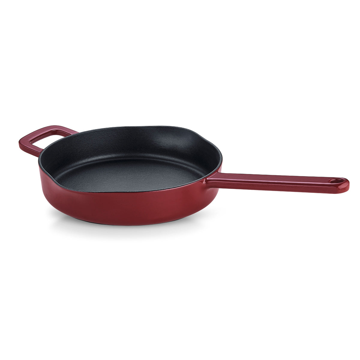 Fissler Moments Gusseisen Pfanne, rot, schwarz innen, langer Griff & Gegengriff. Zeitlos, energiesparend. Auf weißem Grund.