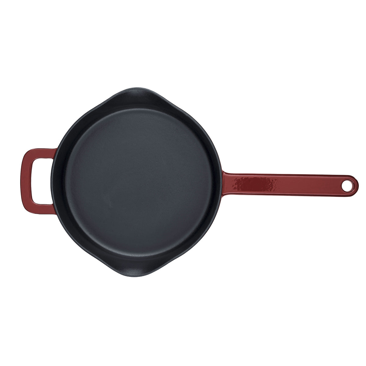 Fissler Moments Collection Gusseisenpfanne, schwarz mit roten Griffen, Ansicht von oben. Modernes deutsches Design - langlebig, natürlich antihaftbeschichtet.