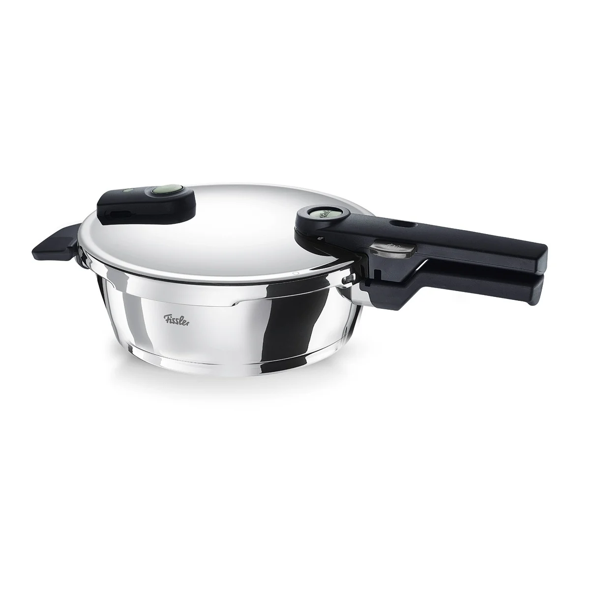 Fissler Vitaquick® Elemental Schnellbratpfanne 22cm / 2,5 Liter in salbeigrün: a precision-engineered, durable stainless steel pressure skillet featuring a locking lid and a long black handle.
