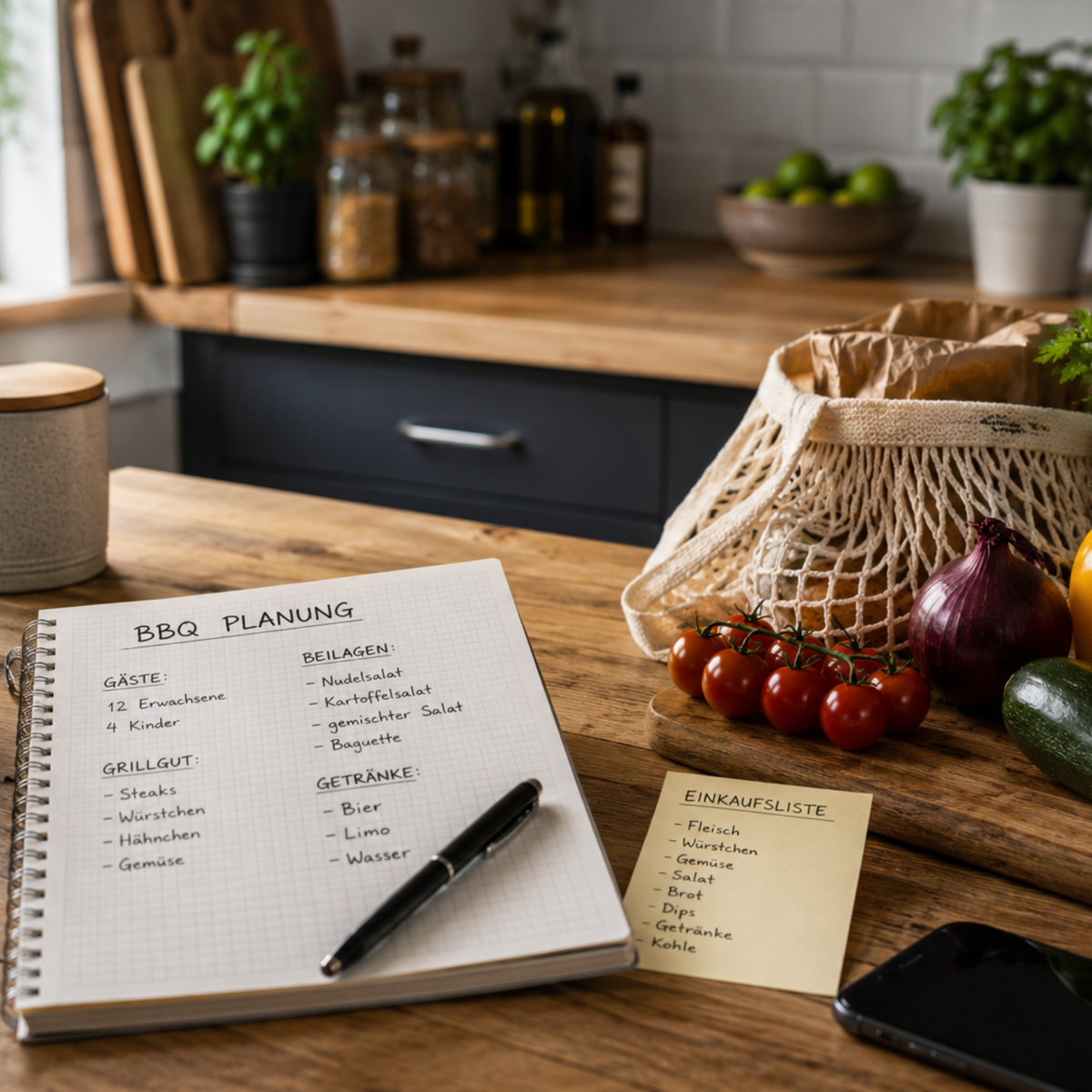 Eine sorgfältig inszenierte Küchenszene mit einem Notizblock mit der Aufschrift „BBQ-Planung“, einer Einkaufsliste, frischem Gemüse und einer wiederverwendbaren Stofftasche, die auf einer eleganten Holztheke liegt. Im Hintergrund sind das charakteristische Fissler-Kochgeschirr aus Edelstahl und Küchenzubehör zu sehen, neben einem Stift und einer Auswahl an hochwertigen Lebensmitteln und Flaschen, die deutsche Präzisionstechnik und zeitloses Design widerspiegeln.