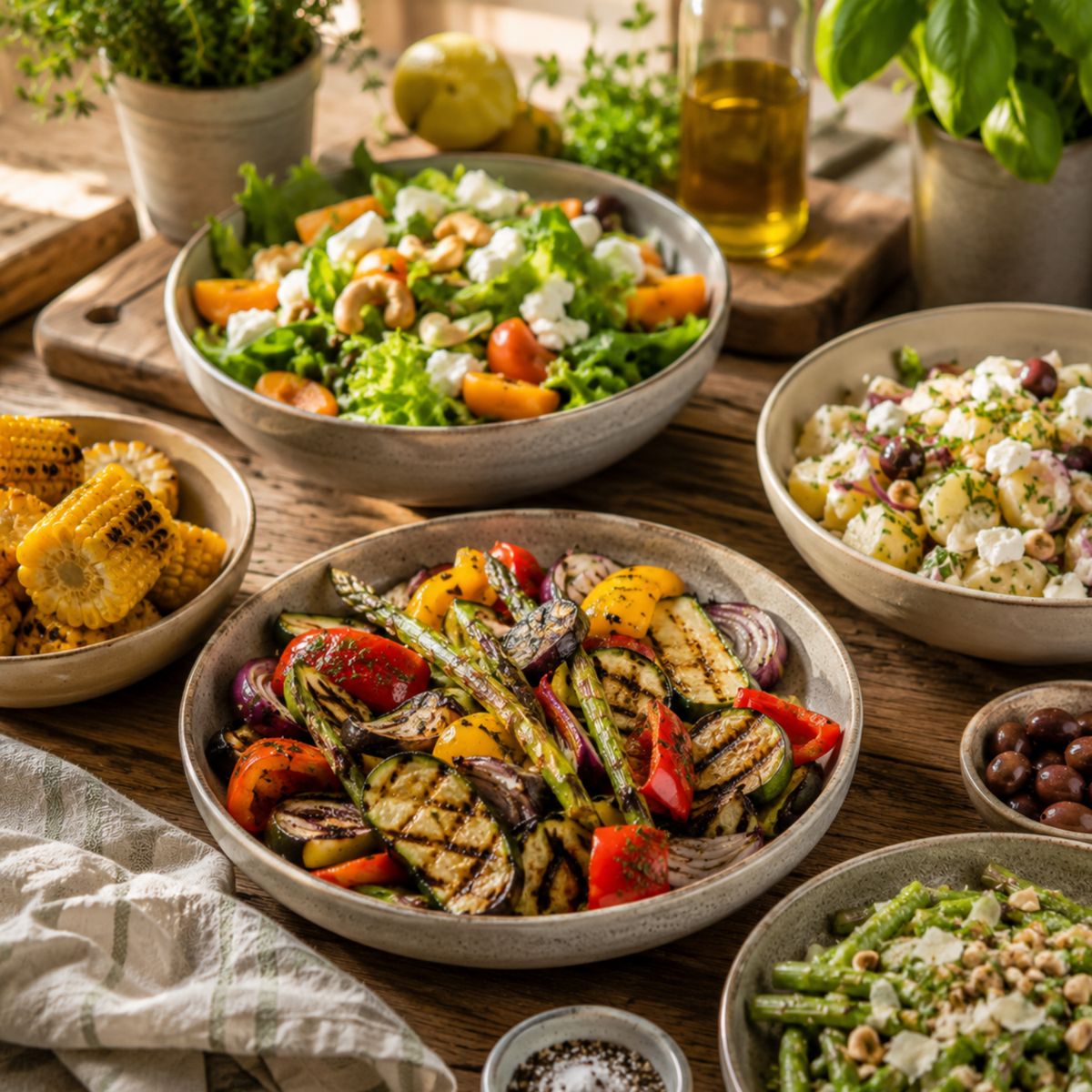 Auf einem wunderschön gedeckten Tisch stehen farbenfrohe Schalen mit gegrilltem Gemüse, frischem Salat mit Tomaten und Nüssen, Maiskolben, Kartoffelsalat mit Feta und Oliven sowie grüner Bohnensalat – alles serviert in eleganten Fissler-Edelstahlschalen. Hochwertiges Olivenöl und frische Kräuter runden die Präsentation auf dem zeitlosen Design der hochwertigen Fissler-Kochgeschirrserie ab.