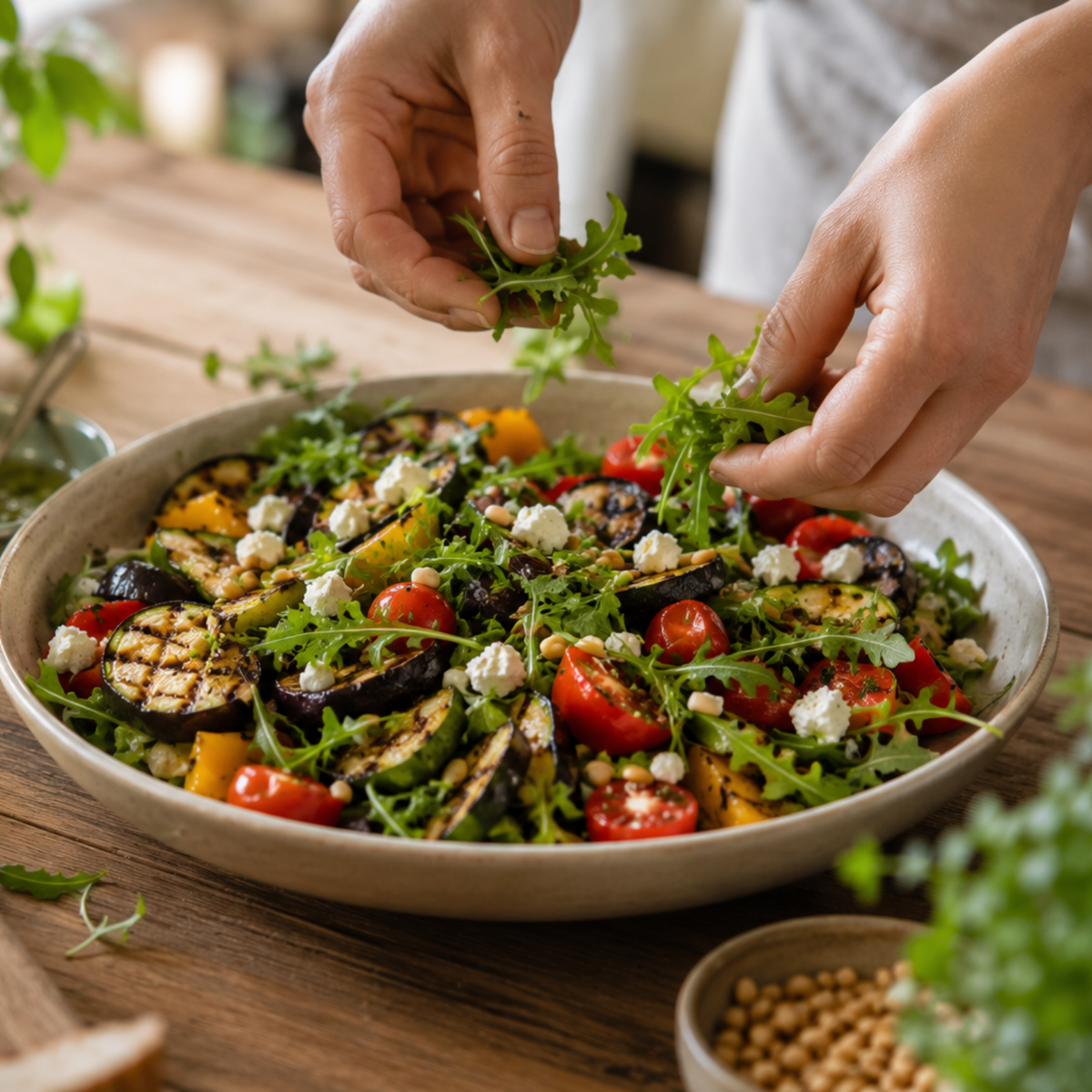 Hände, die frischen Rucola in eine Salatschüssel geben, die mit gegrilltem Gemüse, Kirschtomaten und zerbröckeltem Käse gefüllt ist – alles zubereitet mit präzisionsgefertigtem Fissler-Kochgeschirr auf einem Holztisch für ein raffiniertes Küchenerlebnis.