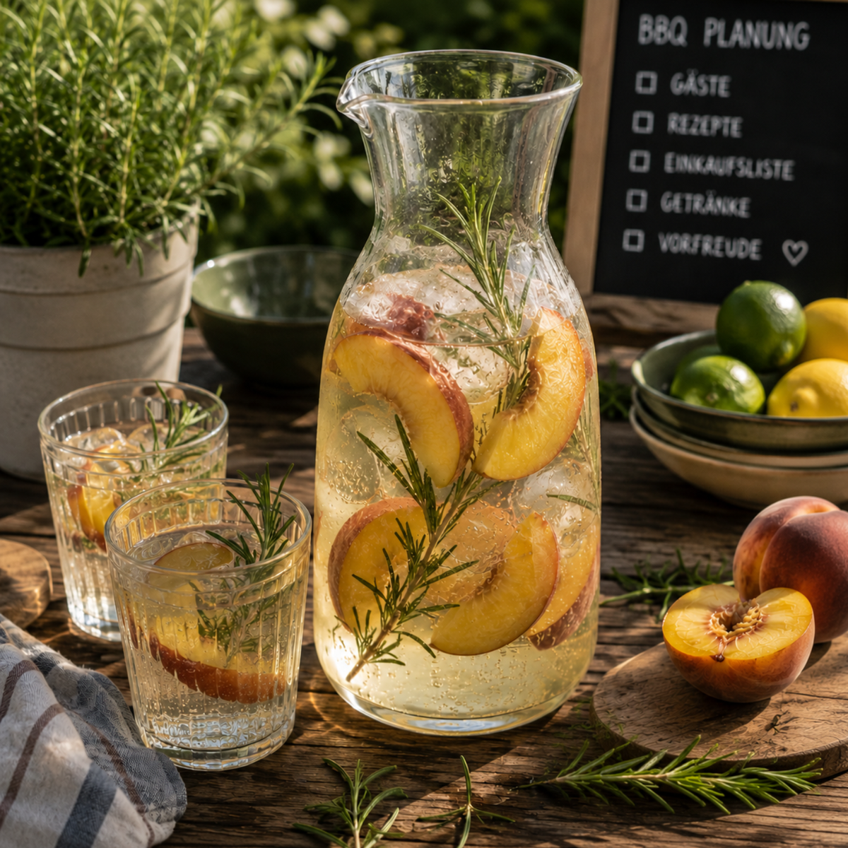 Auf einem rustikalen Tisch stehen ein Edelstahlkrug von Fissler und elegante Gläser, gefüllt mit Sprudelwasser, Pfirsichscheiben und frischem Rosmarin. Um sie herum liegen farbenfrohe Früchte, und im Hintergrund ist eine kleine Kreidetafel zu sehen – eine einladende Kulisse, die Fisslers Tradition präzisen Designs und zeitloser deutscher Qualität unterstreicht.