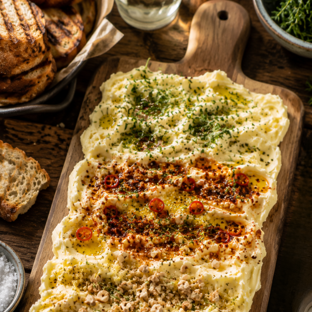 Auf einem wunderschön angerichteten Holzbrett wird geschlagener Feta-Käse serviert, garniert mit frischen Kräutern, goldgelbem Olivenöl, gehackten Nüssen und leuchtend roten Chilischeiben, dazu perfekt geröstete Brotscheiben – eine einladende Präsentation, die durch die Präzision und das zeitlose Design unterstrichen wird, wie man es von Fisslers hochwertigem deutschem Kochgeschirr erwartet.