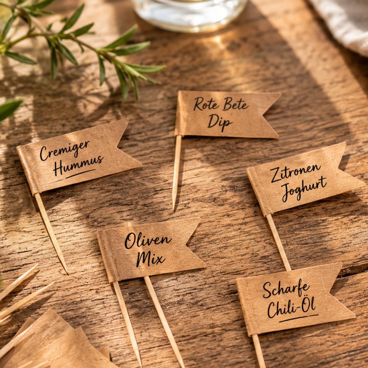 Kleine braune Fähnchen an Zahnstochern – mit den Aufschriften „Cremiger Hummus“, „Oliven-Mix“, „Rote-Bete-Dip“, „Zitronen-Joghurt“ und „Scharfes Chili-Öl“ – zieren handwerklich hergestellte Dips, die auf einem rustikalen Holztisch mit frischen Kräutern im warmen Sonnenlicht präsentiert werden. Die einladende Inszenierung unterstreicht, wie Fisslers präzise gefertigte Serviergeschirr- und Accessoires aus Edelstahl jede kulinarische Präsentation mit zeitloser deutscher Handwerkskunst ergänzen.