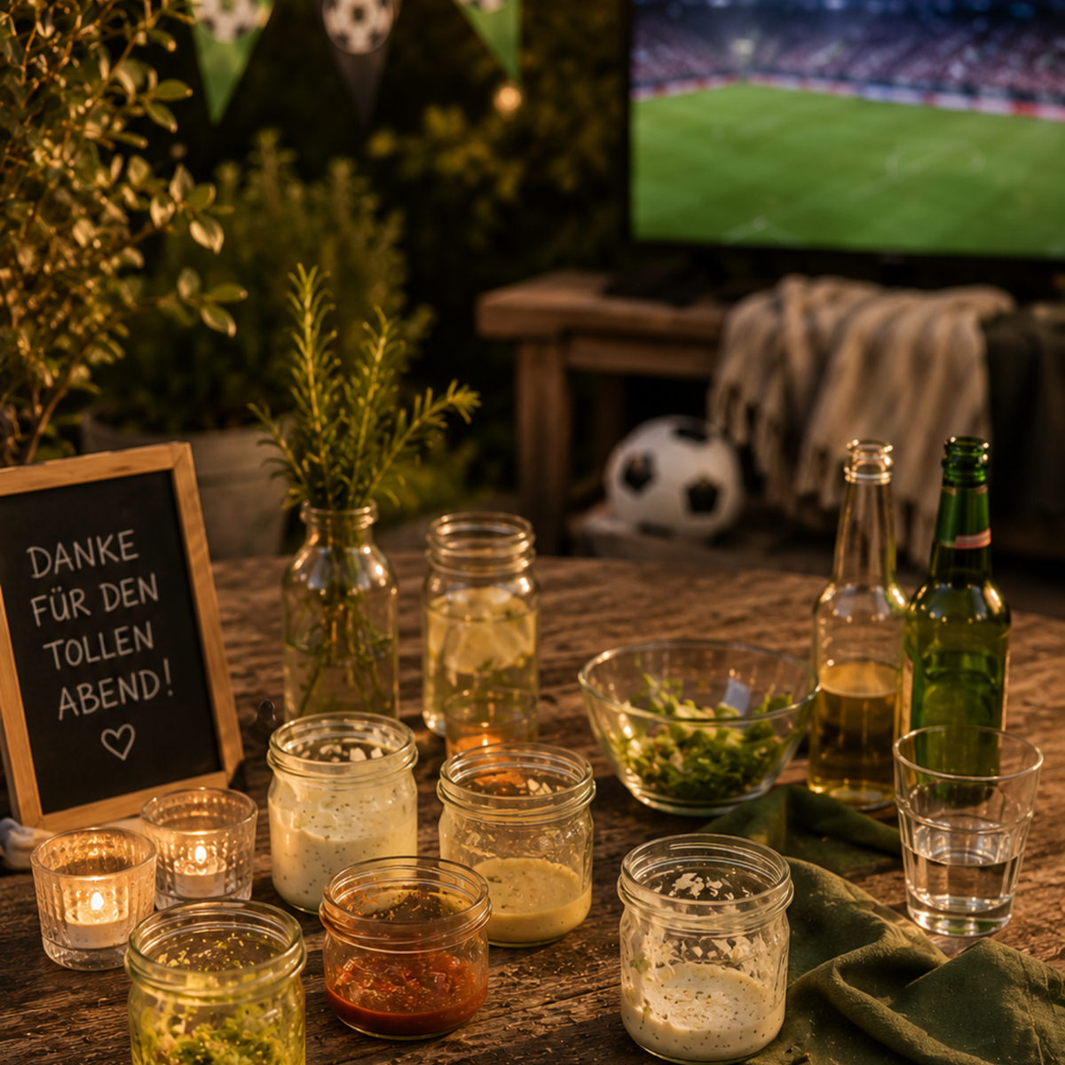 Eine einladende Szene im Freien mit elegant in Gläsern präsentierten Dips, flackernden Kerzen, erfrischenden Getränken, einer Kreidetafel und einem Fußballspiel, das im Hintergrund im Fernsehen läuft. Auf dem Tisch stehen Fisslers hochwertige Edelstahl-Kochgeschirrartikel neben festlichen Dekorationen zum Thema Fußball – ein Spiegelbild zeitlosen deutschen Designs und handwerklichen Könnens, das gesellige Zusammenkünfte sowohl durch Funktionalität als auch durch Stil bereichert.