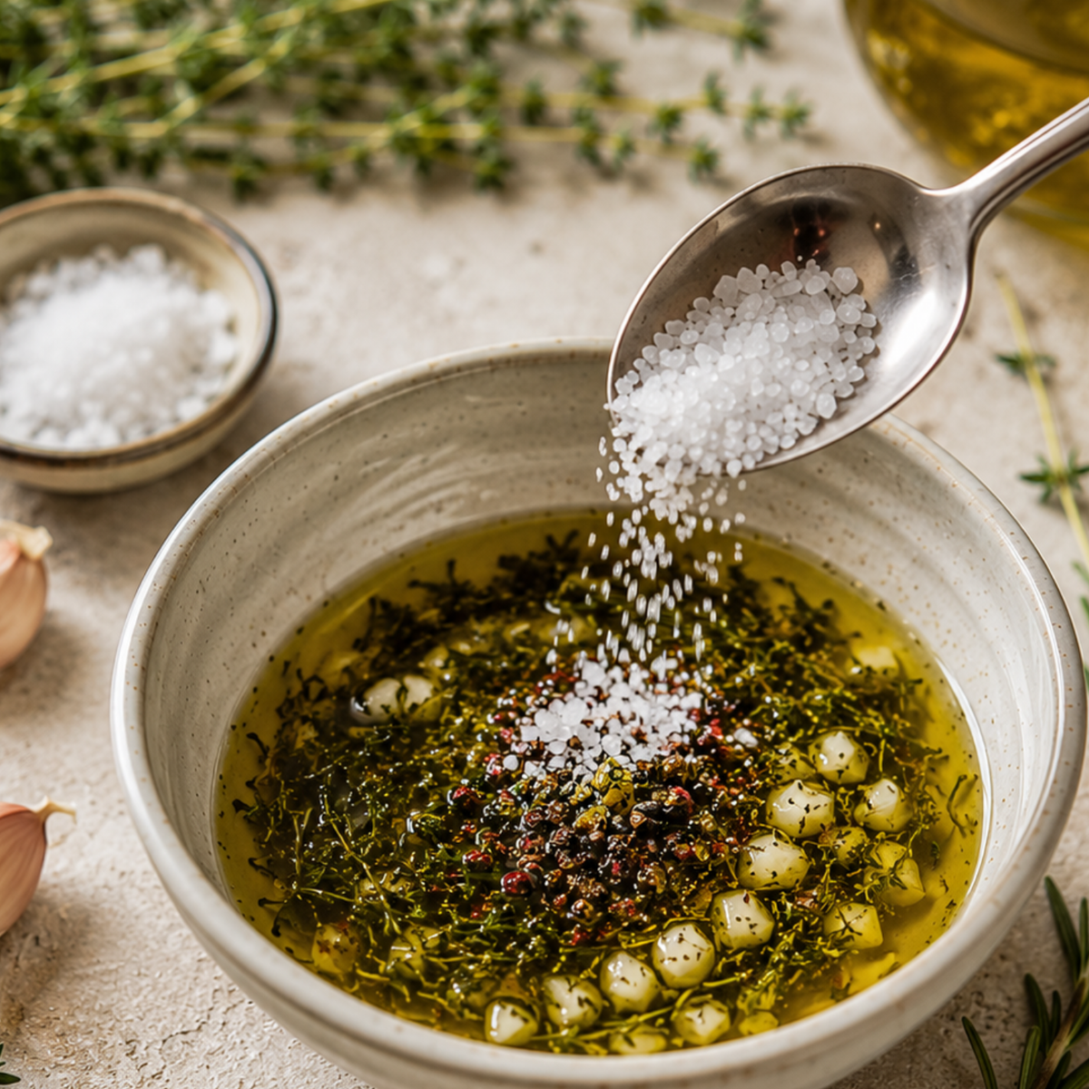Ein Fissler-Edelstahllöffel streut grobes Salz in eine elegante Schüssel mit Olivenöl, das mit frischen Kräutern, Knoblauch und Pfefferkörnern verfeinert ist. Auf der polierten Arbeitsplatte runden Thymianzweige, eine passende Fissler-Salzschale und ganze Knoblauchzehen das elegante Küchenbild ab – und präsentieren hochwertiges Kochgeschirr, das auf Präzision und zeitlosen Stil ausgelegt ist.