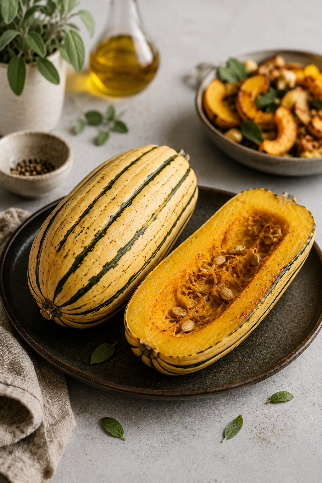 A whole and a halved delicata squash rest on a dark plate, showcasing vibrant seeds within—presented alongside a bowl of cooked squash, premium oil, freshly ground pepper, and aromatic herbs. A scene that highlights the art of cooking with Fissler’s expertly crafted cookware, reflecting German precision and timeless design for every kitchen creation.