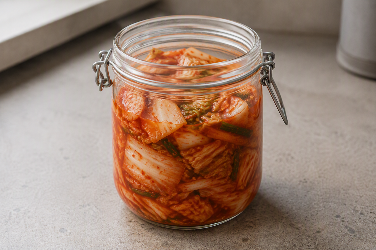 Ein Glas mit leuchtend farbenfrohem Kimchi, zubereitet aus mit roten Chilischoten gewürztem Kohl, steht elegant auf einer schlichten grauen Arbeitsplatte neben einem sonnendurchfluteten Fenster. Das stilvolle Ambiente unterstreicht die Präzision und Langlebigkeit, die man von Fisslers hochwertigem Kochgeschirr aus deutscher Fertigung erwartet.
