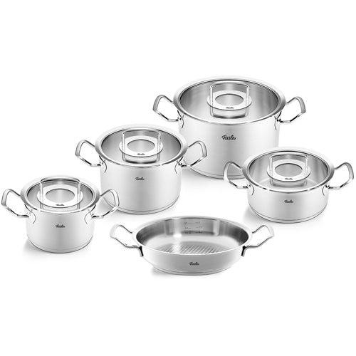 Fissler Original-Profi Collection® 5-teiliges Set: hochwertige Töpfe und Pfannen aus Edelstahl 18/10, Glasdeckel, Doppelgriffe, spülmaschinengeeignet.
