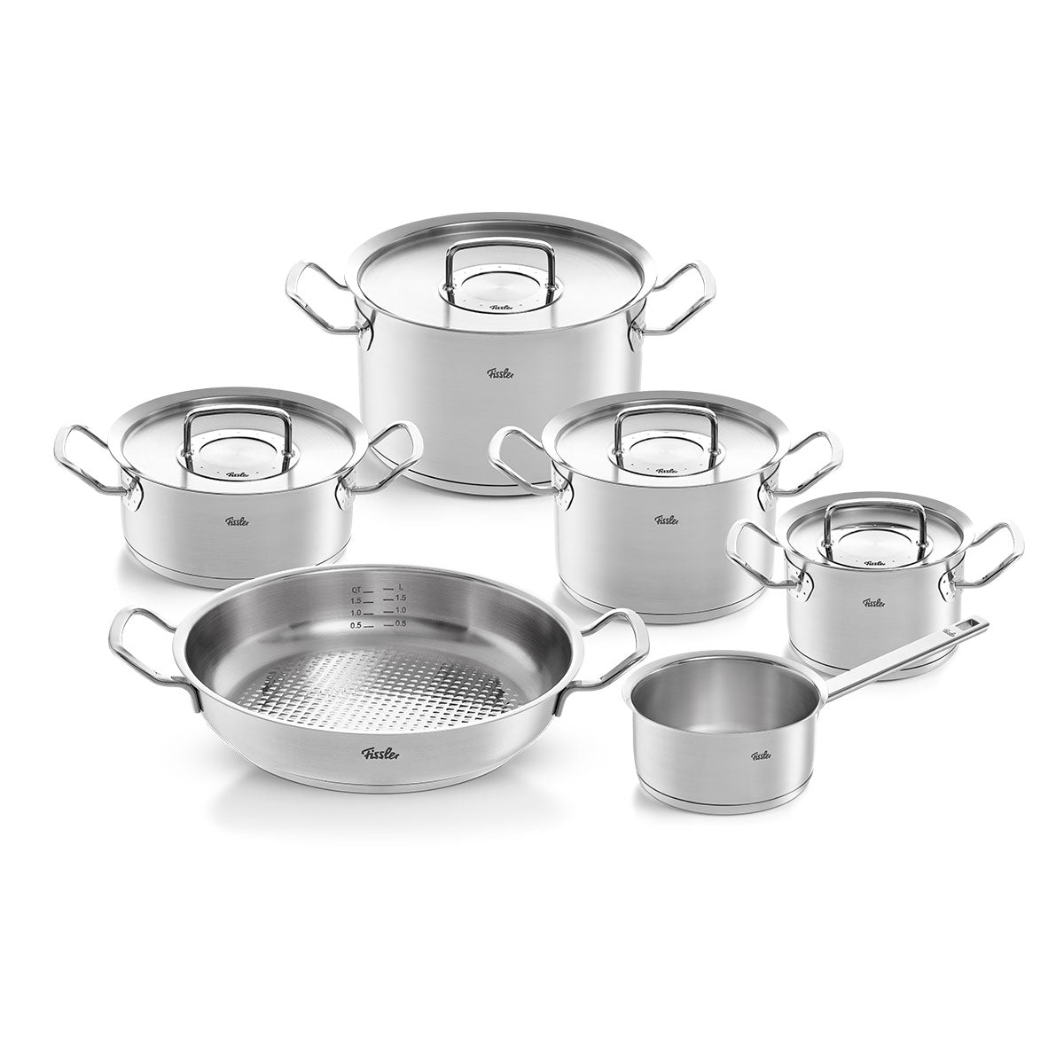 Fissler Original-Profi Collection® 5-teiliges Set: hochwertiges, langlebiges Edelstahl-Kochgeschirr mit klassisch-modernem deutschen Design.