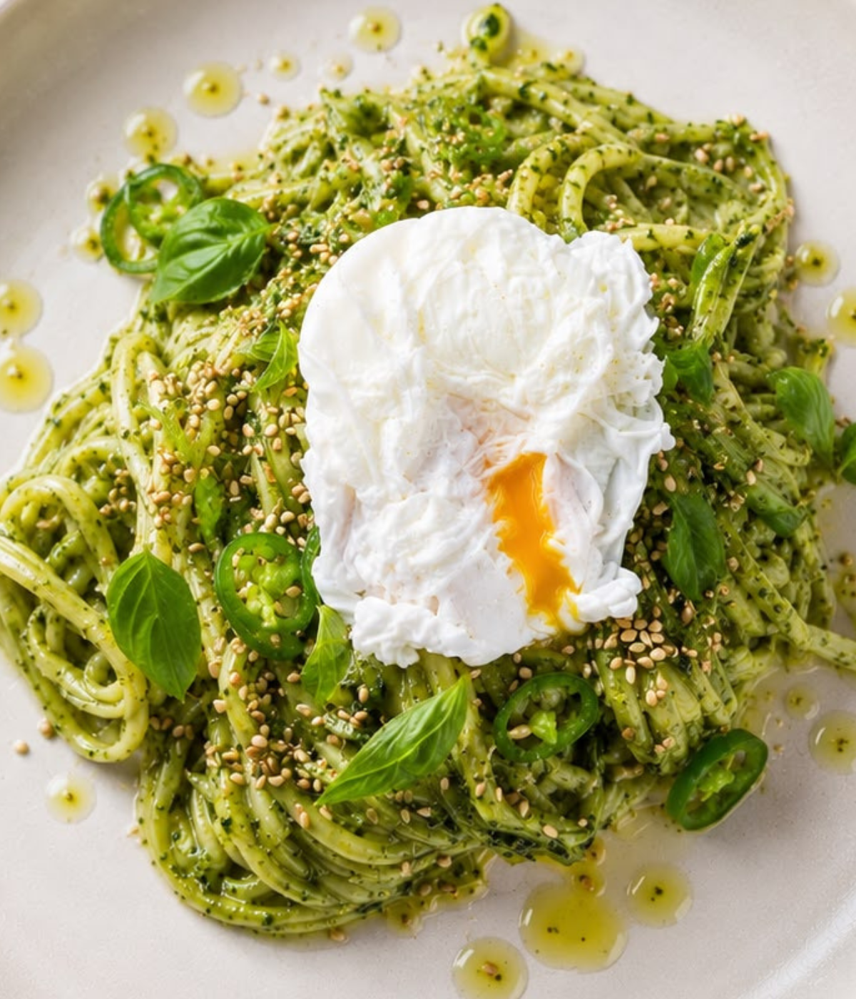 Elegante Spaghetti mit leuchtend grüner Pesto-Sauce, garniert mit in Scheiben geschnittenen grünen Paprikaschoten, einer Prise Sesam und frischen Basilikumblättern. Darauf ruht ein perfekt pochiertes Ei, abgerundet mit einem Hauch Olivenöl – alles wunderschön auf einem weißen Teller angerichtet. Zubereitet mit präzisionsgefertigtem Fissler-Kochgeschirr für makellose Ergebnisse und dauerhafte Qualität.