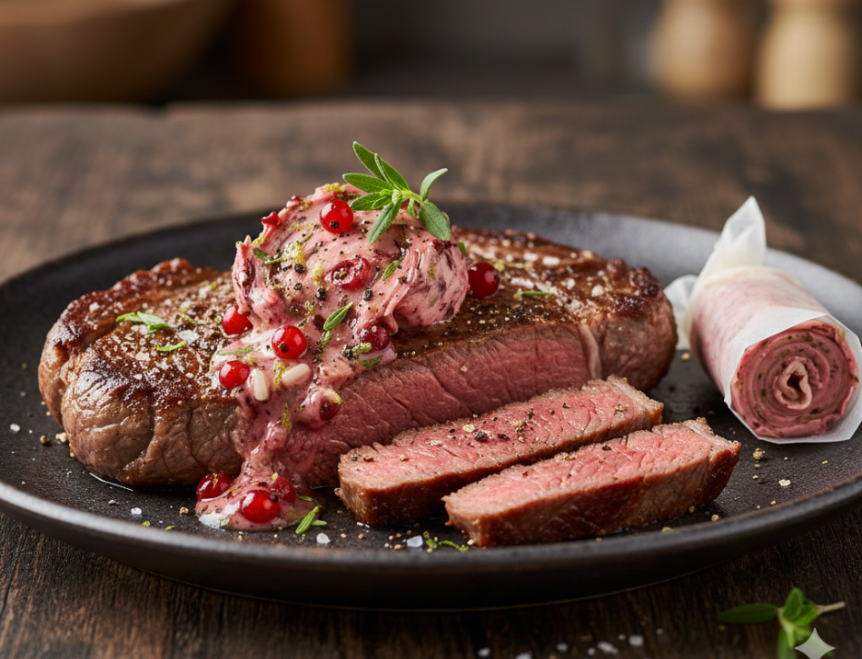 alt
A juicy steak with herb butter and berries, garnished with herbs on a dark plate, presented on a wooden table with Fissler cookware.